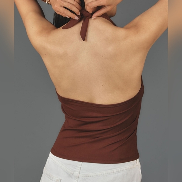 By Anthropologie Women's Tailored Tied Halter Top, LARGE, Cocoa Brown - Picture 2 of 8